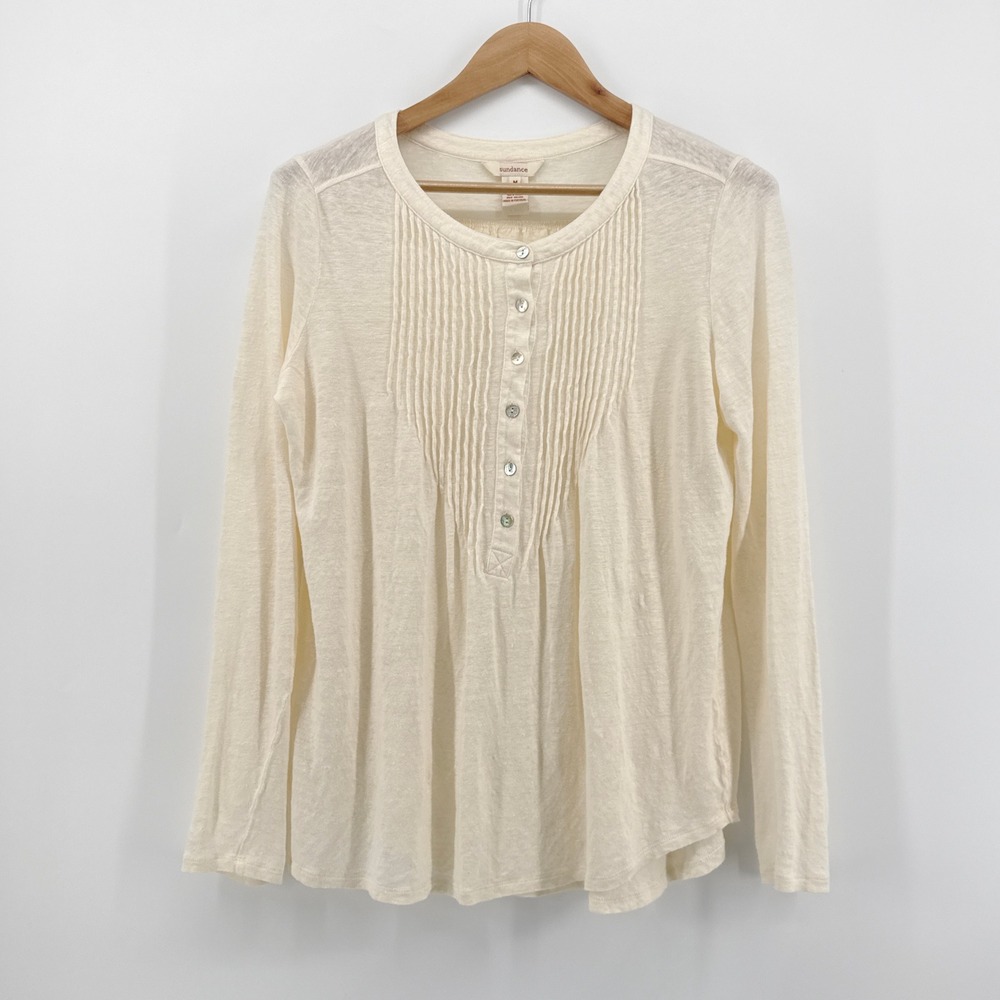 Sundance Ivory 100% Linen Pintuck Henley Blouse M Cream Pleated Boho Peasant Top